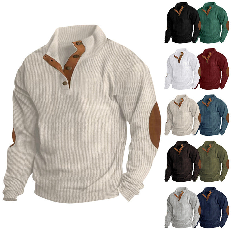 Men's Casual Striped Sweatshirt - Stand-collar, Long Sleeve, Solid Color, Loose Fit